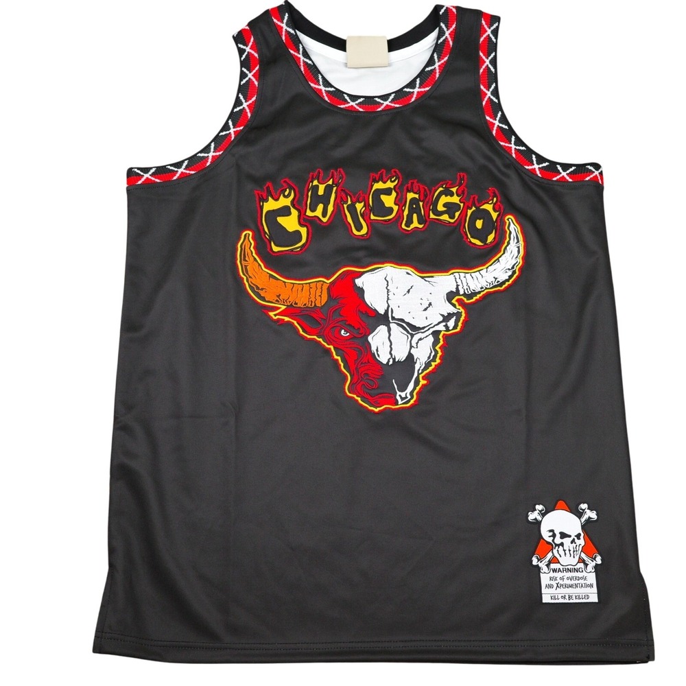 X Brand Chicago‎ Jersey Men Medium Black Skull #23 Basketball In Flames Tank Top